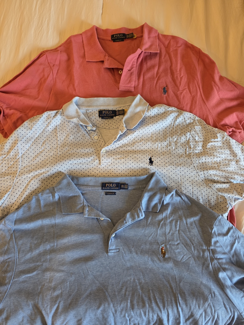 Polo by Ralph Lauren Men’s Polo Trio - Coral, White with Navy Dot, Light Blue